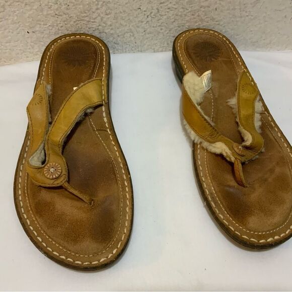 UGG Hamoa 1791 Sheepskin Lining Women Flip Flop Thong Sandals Brown Size 9 - Picture 3 of 15